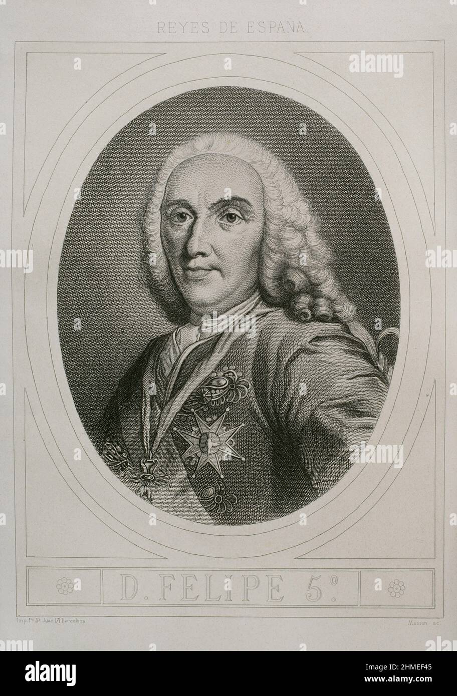 Philip V. (1683-1746). König von Spanien (1700-1746). Hochformat. Gravur von Masson. Lithographie von Magín Pujadas. „Historia General de España“ von Modesto Lafuente. Volumen IV Veröffentlicht in Barcelona, 1879. Stockfoto Philip V. (1683-1746). König von Spanien (1700-1746). Hochformat. Gravur von Masson. Lithographie von Magín Pujadas. „Historia General de España“ von Modesto Lafuente. Volumen IV Veröffentlicht in Barcelona, 1879. Stockfoto