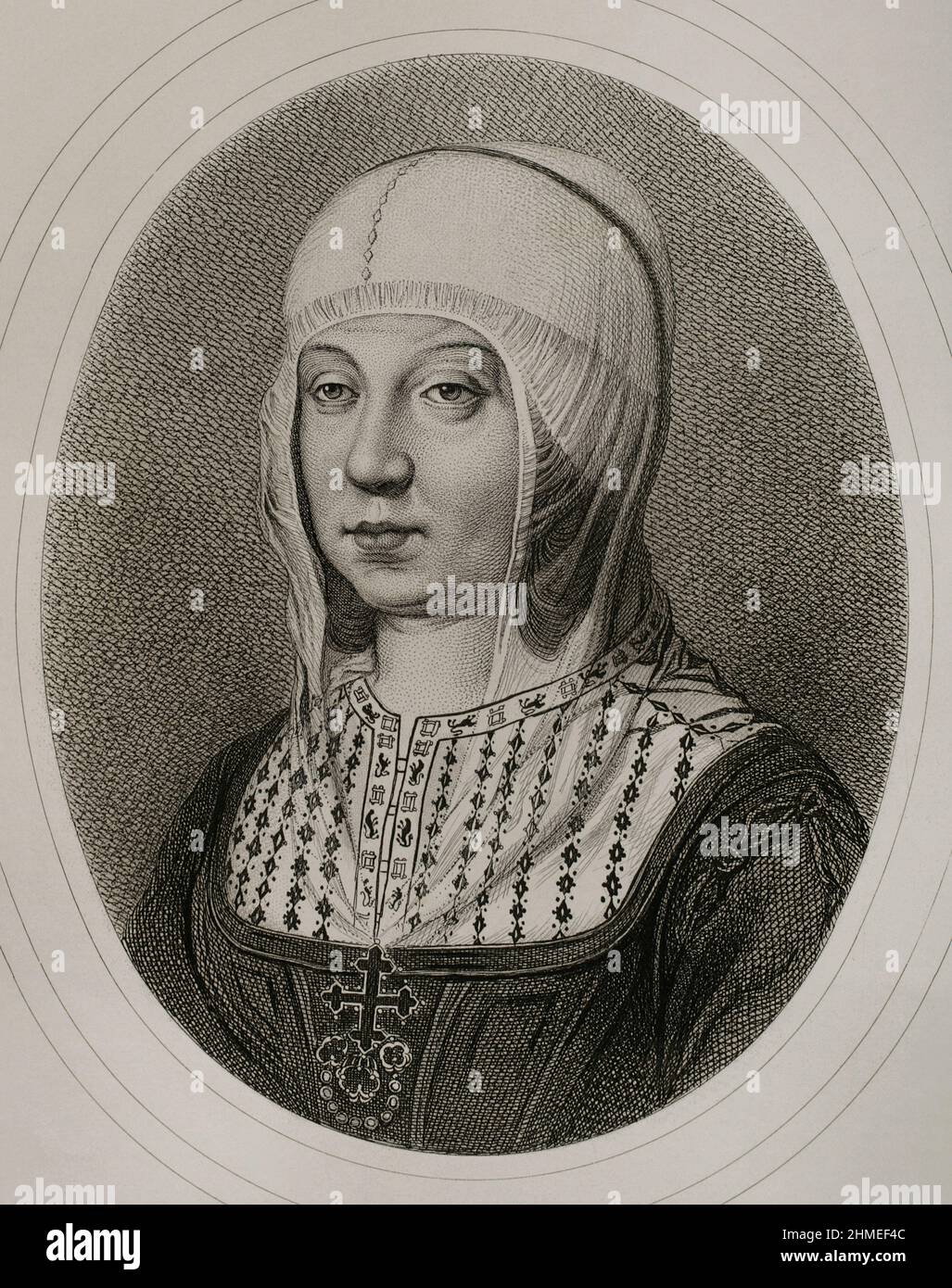Isabella I. (1451-1504). Königin von Kastilien (1474-1504). Königin Gemahlin von Aragon für ihre Ehe mit Ferdinand II. Von Aragon. Hochformat. Gravur von Masson. Lithographie von Magín Pujadas. Historia General de España, von Modesto Lafuente. Band II. Veröffentlicht in Barcelona, 1879. Stockfoto