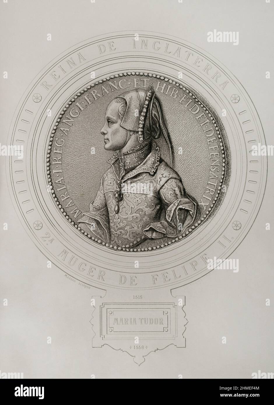 Mary I. Tudor (1516-1558). Königin von England und Irland (1553-1558). Ein Tochter die Heinrich VIII. Und Katharina von Aragon. Hochformat. Gravur von Masson. Lithographie von Magín Pujadas. „Historia General de España“ von Modesto Lafuente. Band II. Veröffentlicht in Barcelona, 1879. Stockfoto