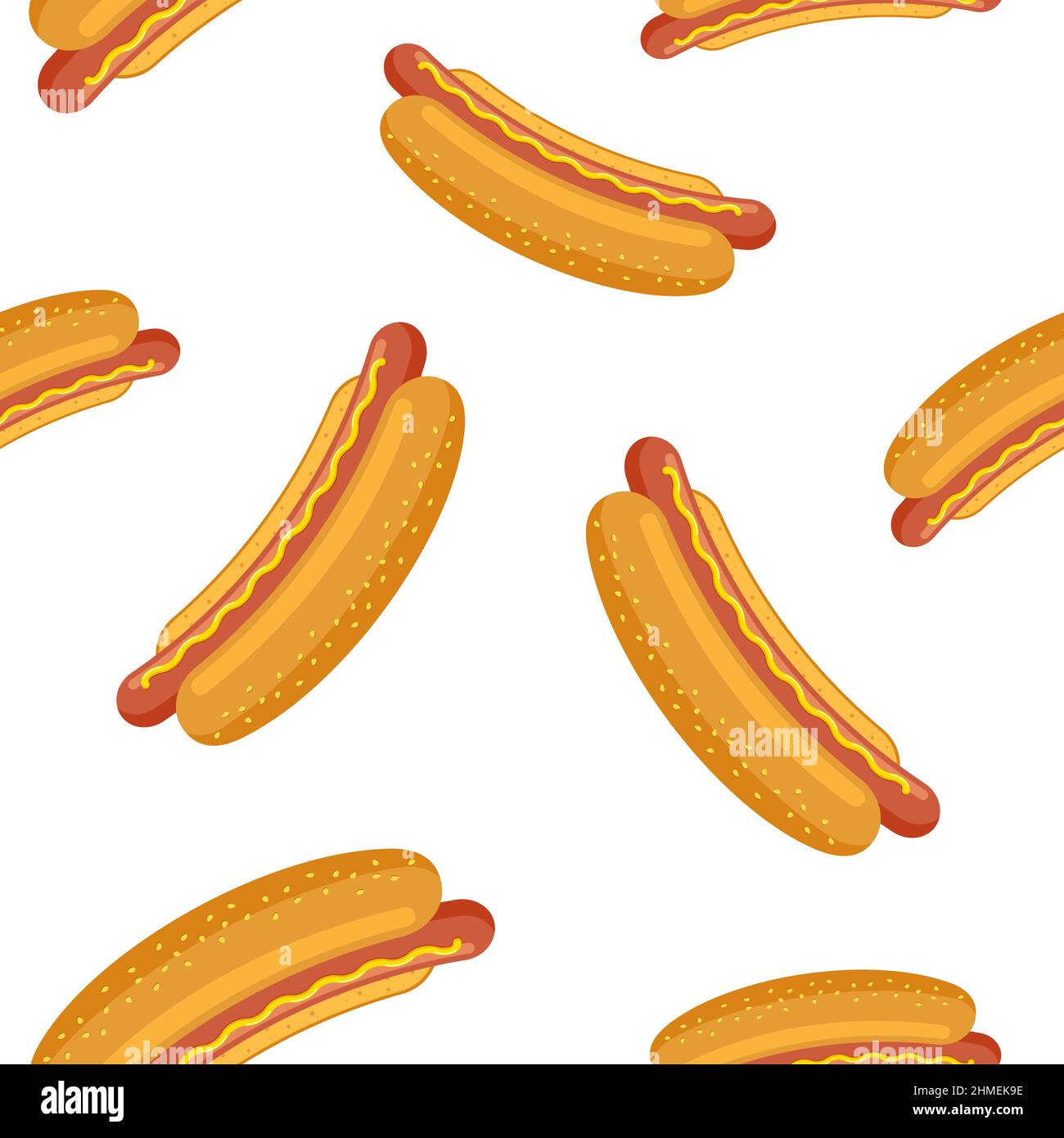 Hot Dog Nahtloses Muster auf weißem Hintergrund. Sandwich-Grillwurst in knuspriger Bun-Tapete. Fastfood-Vektor isoliert eps Illustration für Café und Restaurant Werbung Stock Vektor