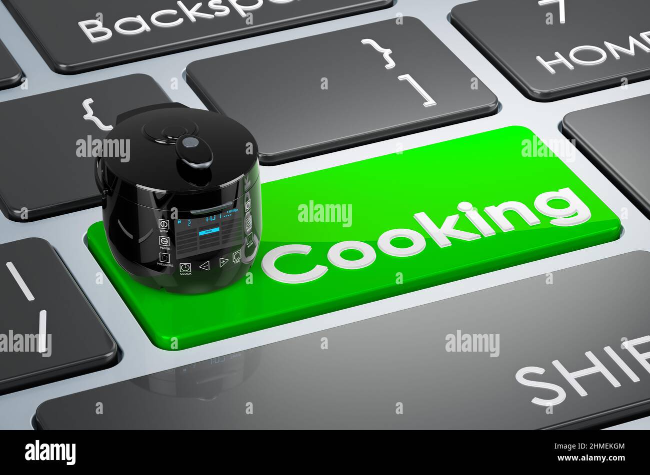 Automatischer Multikooker auf der Tastatur. Grüne Taste zum Kochen. 3D Rendern Stockfoto