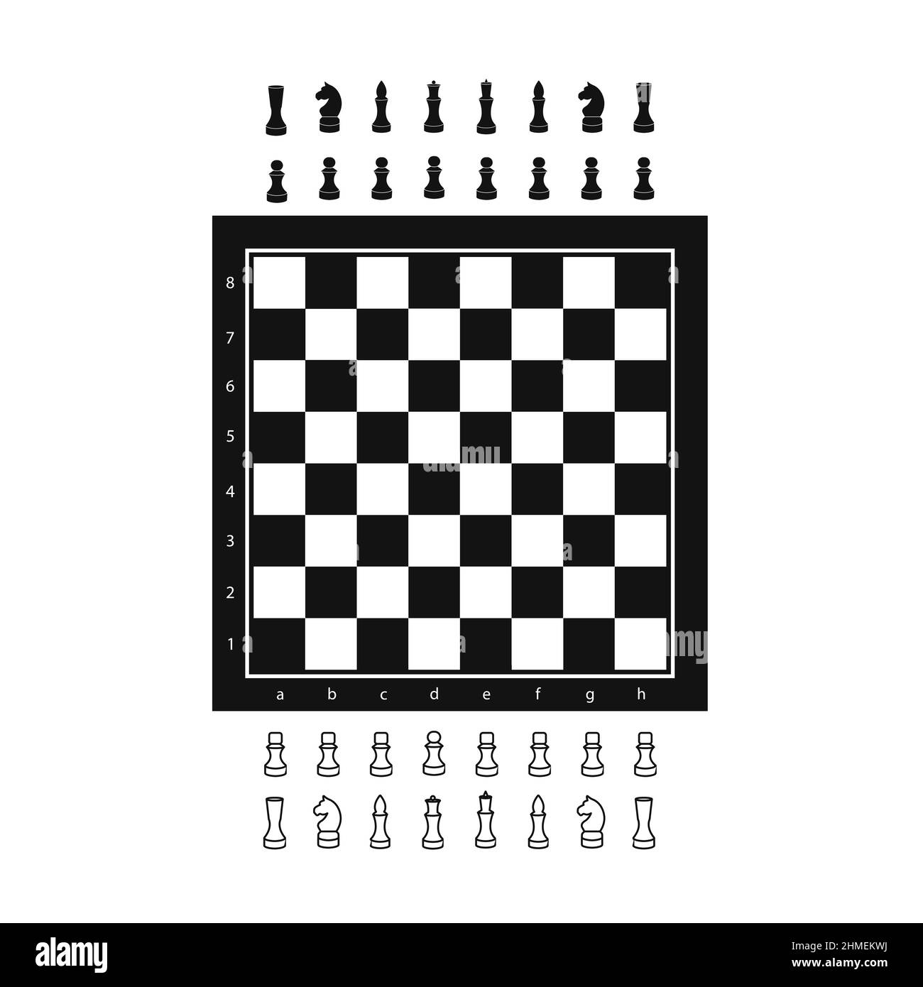 Schwarz-weißes Schachbrett mit Stücken im flachen Stil. Vektorgrafik Stock Vektor