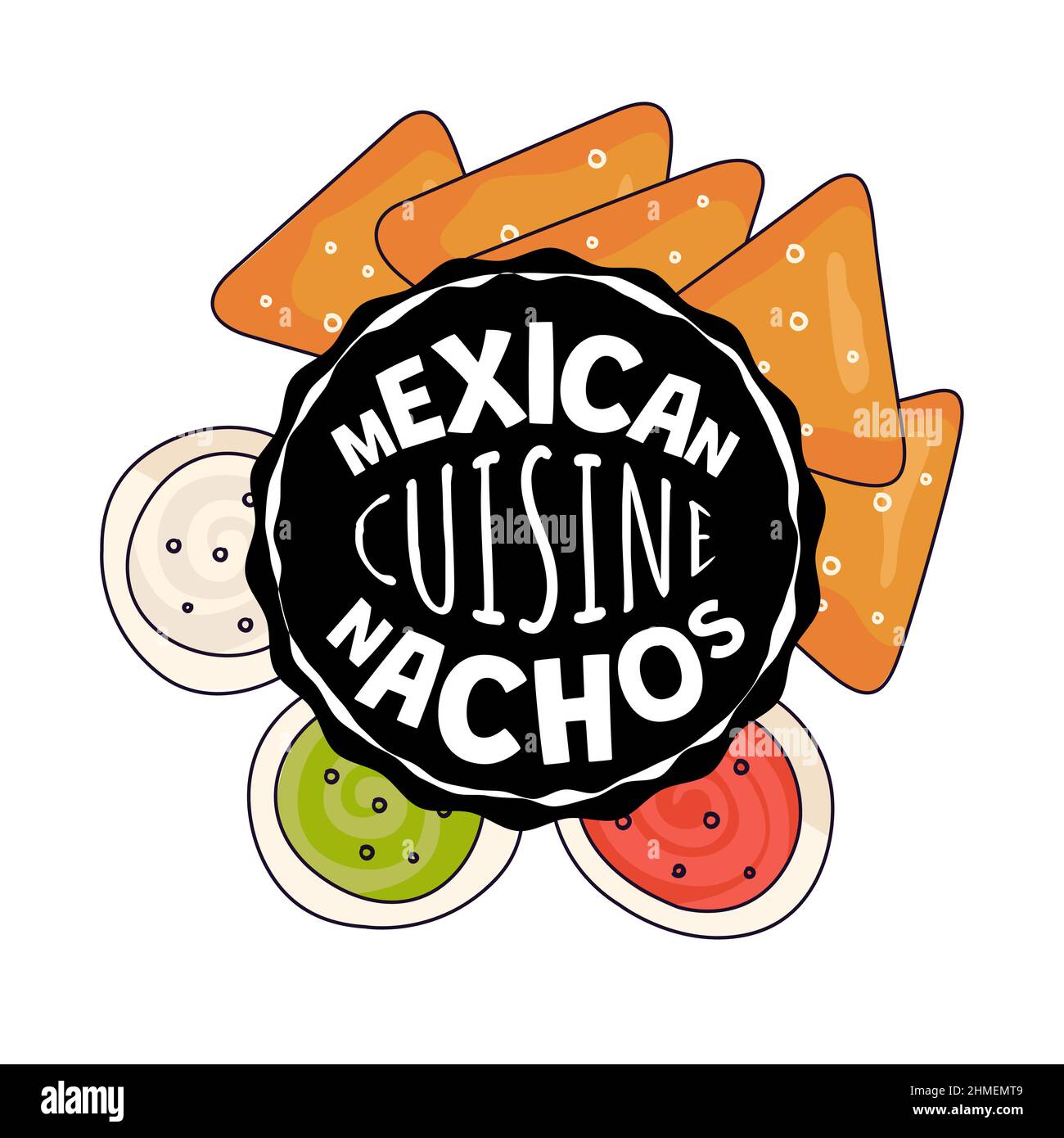 Mexikanisches Nachos-Schild. Mexiko Fast-Food-Restaurant, Café oder Restaurant Werbebanner. Nacho-Flyer für lateinamerikanische Küche. Traditionelle Snacks und Guacamole, Salsa, Käsesauce Vektor eps Illustration Stock Vektor