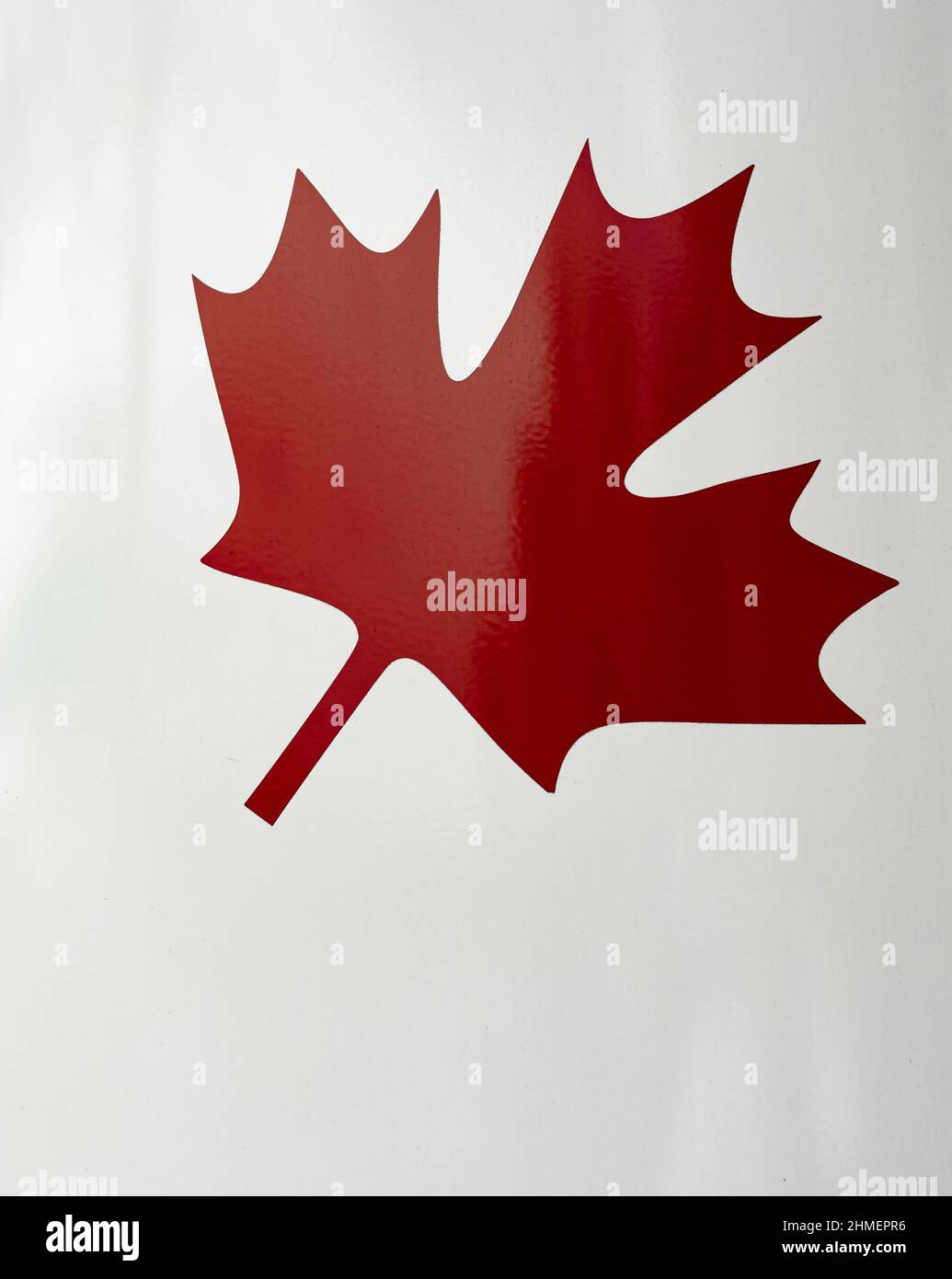 Kanadisches Ahornblatt auf weißem Hintergrund gemalt. Nationales Symbol von Kanada rot Ahornblatt. Selektiver Fokus, Straßenfoto, keine Personen, Kopierbereich Stockfoto