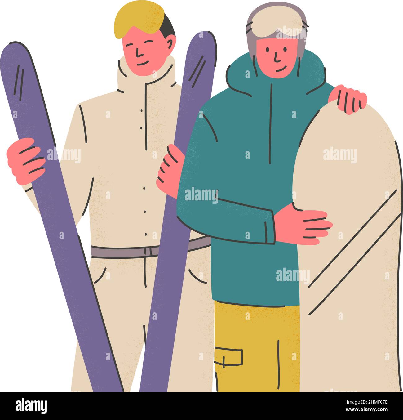 Lächelnder Mann im Skianzug hält Ski. Skifahrer im Overall stehen mit Sportausrüstung. Winteraktivitäten im Freien und aktive Erholung. Vektor Stock Vektor