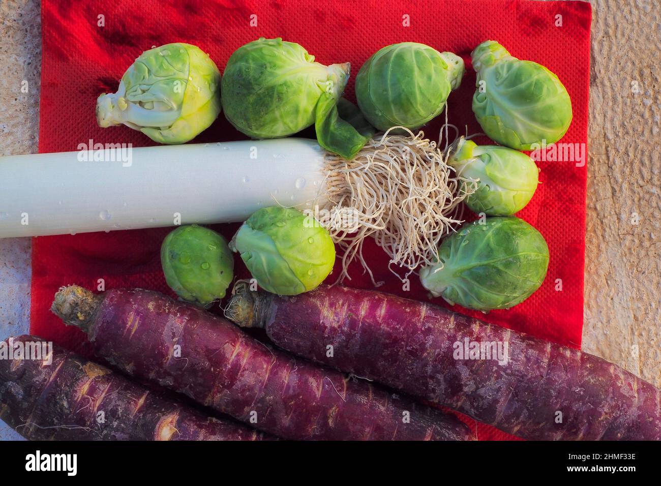 Rosenkohl, Lauch und alte Karotten mit weinroter Färbung, Gemüse von oben, Draufsicht Stockfoto