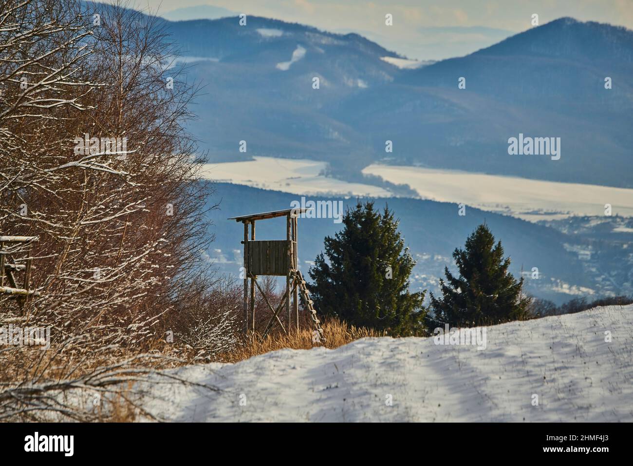 Jäger blind in einer verschneiten Landschaft neben dem Wald, kleine Fatra, Karpaten, Horna Suca, Slowakei Stockfoto