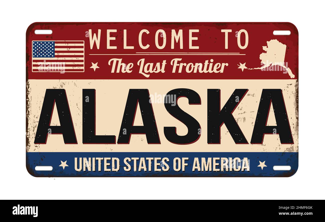 Willkommen bei Alaska vintage rostigen Nummernschild auf weißem Hintergrund, Vektor-Illustration Stock Vektor