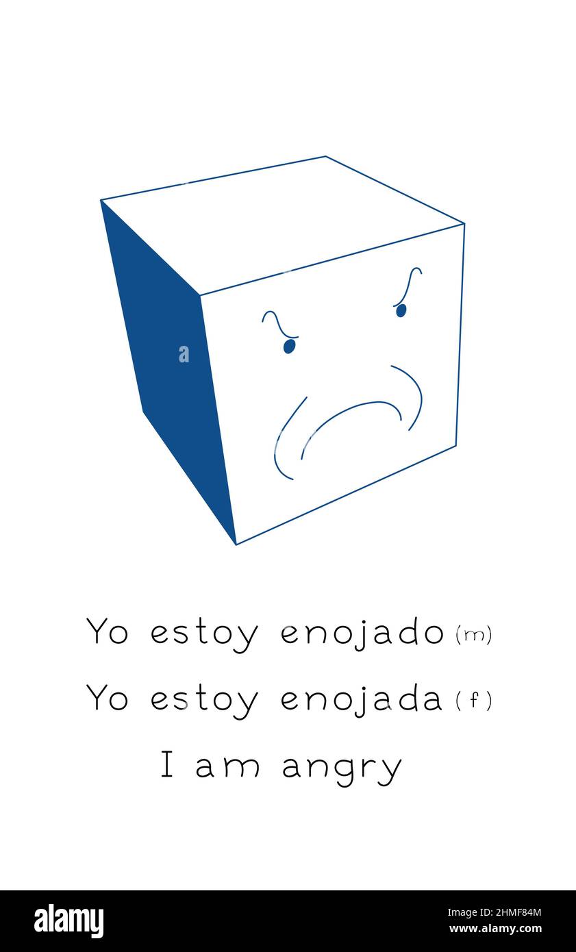 Satzbeispiel auf spanisch und englisch, Emotionen. Ich bin wütend, Cartoon-Würfel-Illustration für Kinder Stockfoto
