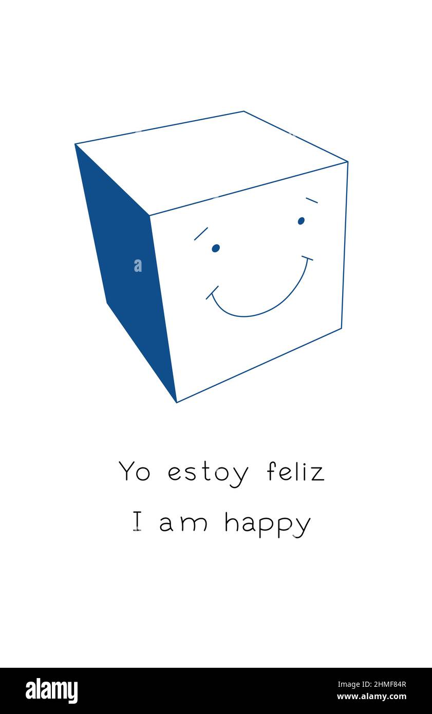 Satzbeispiel auf spanisch und englisch, Emotionen. Ich bin glücklich, Karikatur Würfel Illustration Stockfoto