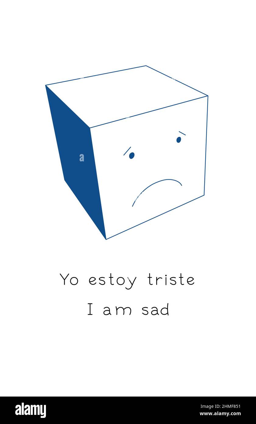 Satzbeispiel auf spanisch und englisch, Emotionen. Ich bin traurig, Cartoon-Würfel für Kinder Stockfoto