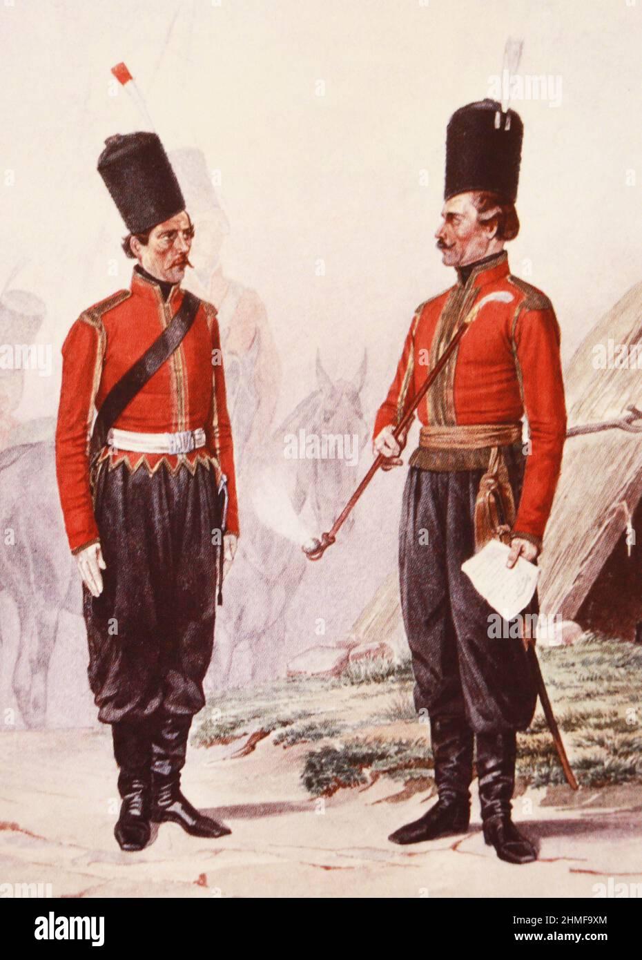 Nicht beauftragter Offizier und Kosaken des Begleitteams der Don-Kosaken. Gravur aus dem Jahr 1840s. Stockfoto