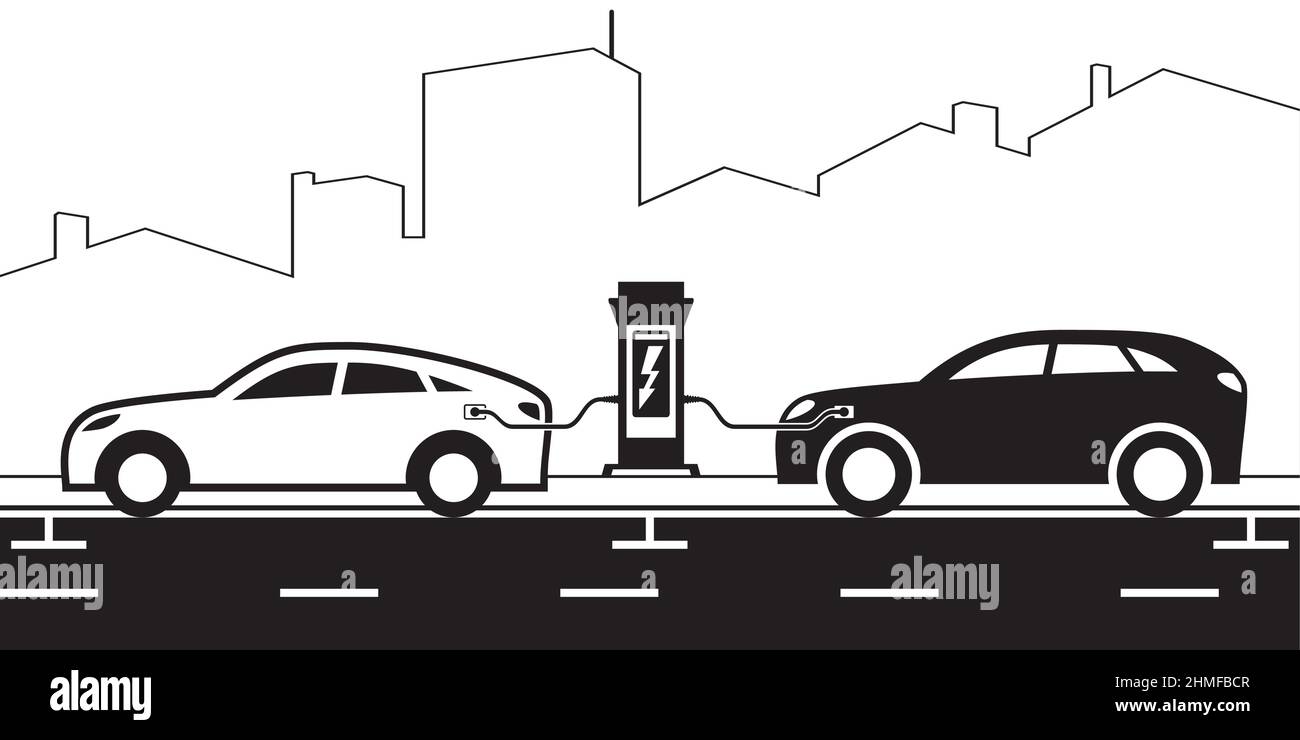 Elektrofahrzeuge an der Ladestation auf der Straße in der Stadt – Vektorgrafik Stock Vektor