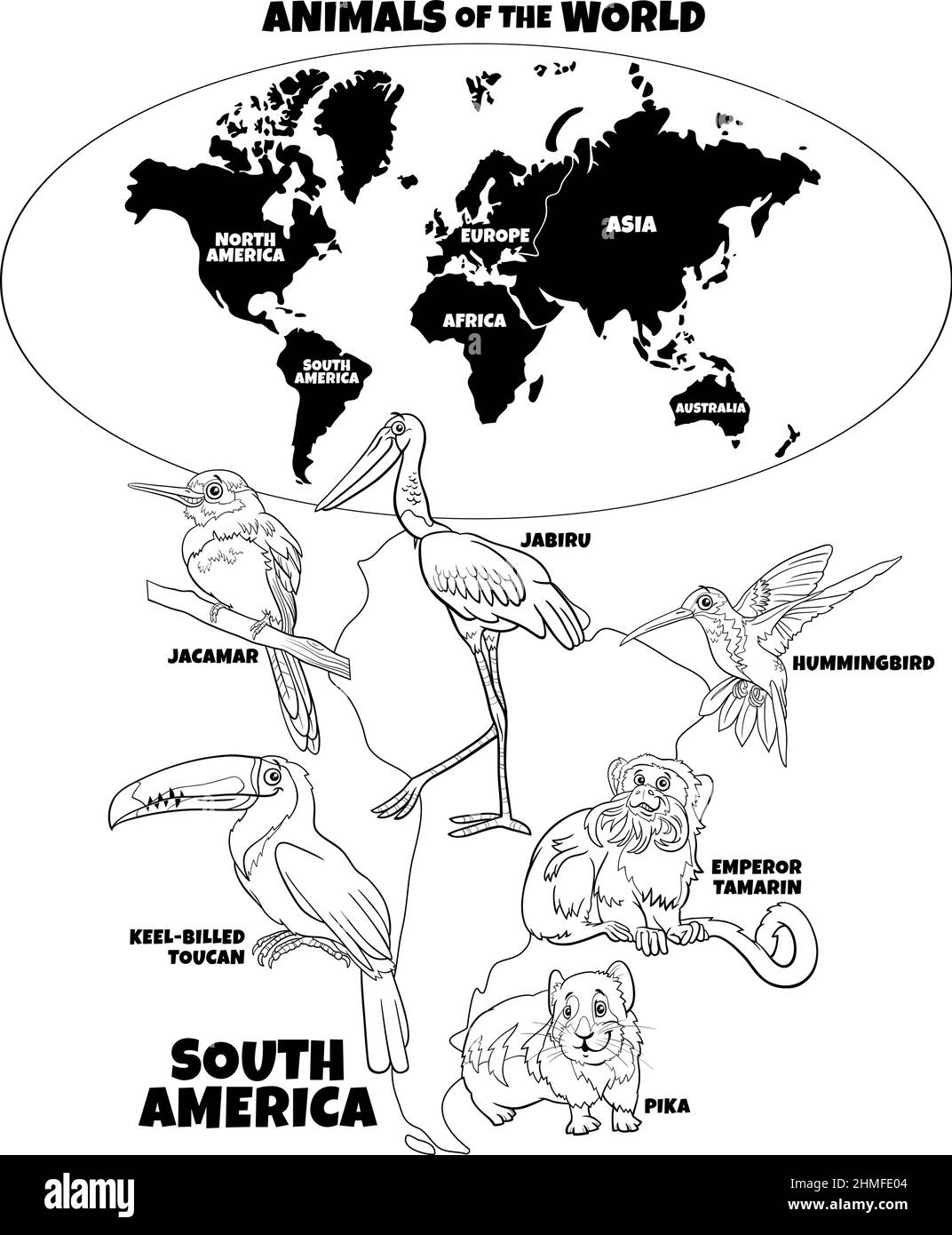 Schwarz-Weiß-pädagogische Illustration mit Cartoon südamerikanischen Tierarten und Weltkarte mit Kontinenten Färbung Buchseite Stock Vektor