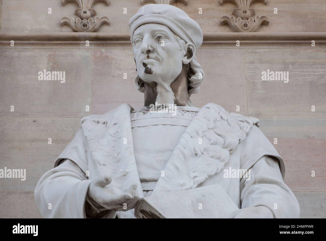 Antonio de Nebrija Skulptur. Spanische Nationalbibliothek, Madrid. 16. Jahrhundert spanischer Humanist und erstes spanisches Gramm Stockfoto