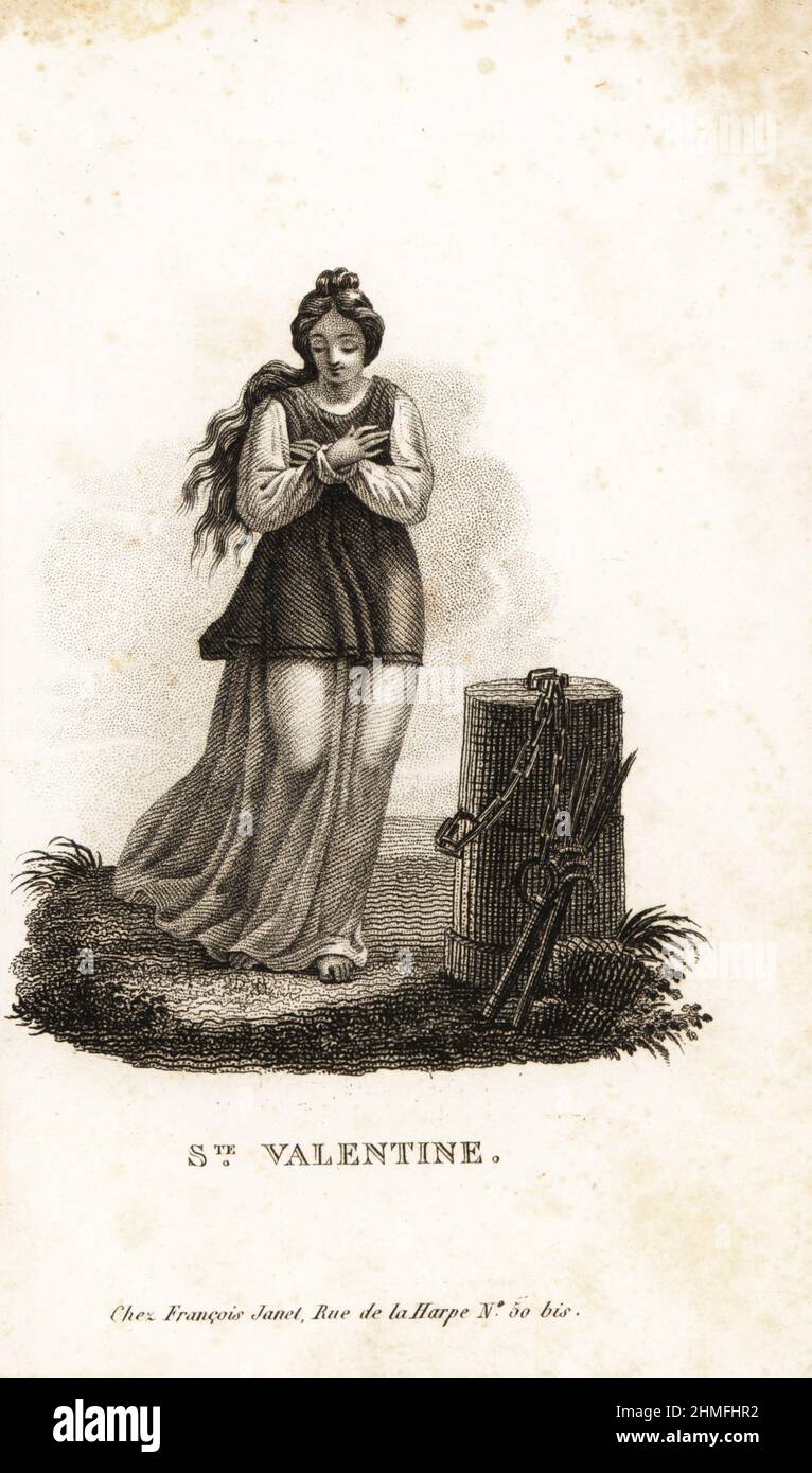 St. Valentina, St.-Valentine, Märtyrer 308. Christliche jungfräuliche Märtyrerin aus Caesarea, Palästina. Verbrannt auf einem Altar gebunden an ihre Schwester St. Thea im Jahr 308 n. Chr.. Dargestellt mit Altar, Fesseln und Foltergeräten. Kupferstich von Mr. M. E.’s Les Jeunes Martyres de la Foi Chretienne, Junge Märtyrer des christlichen Glaubens, Francois Janet, Paris, 1819. Stockfoto