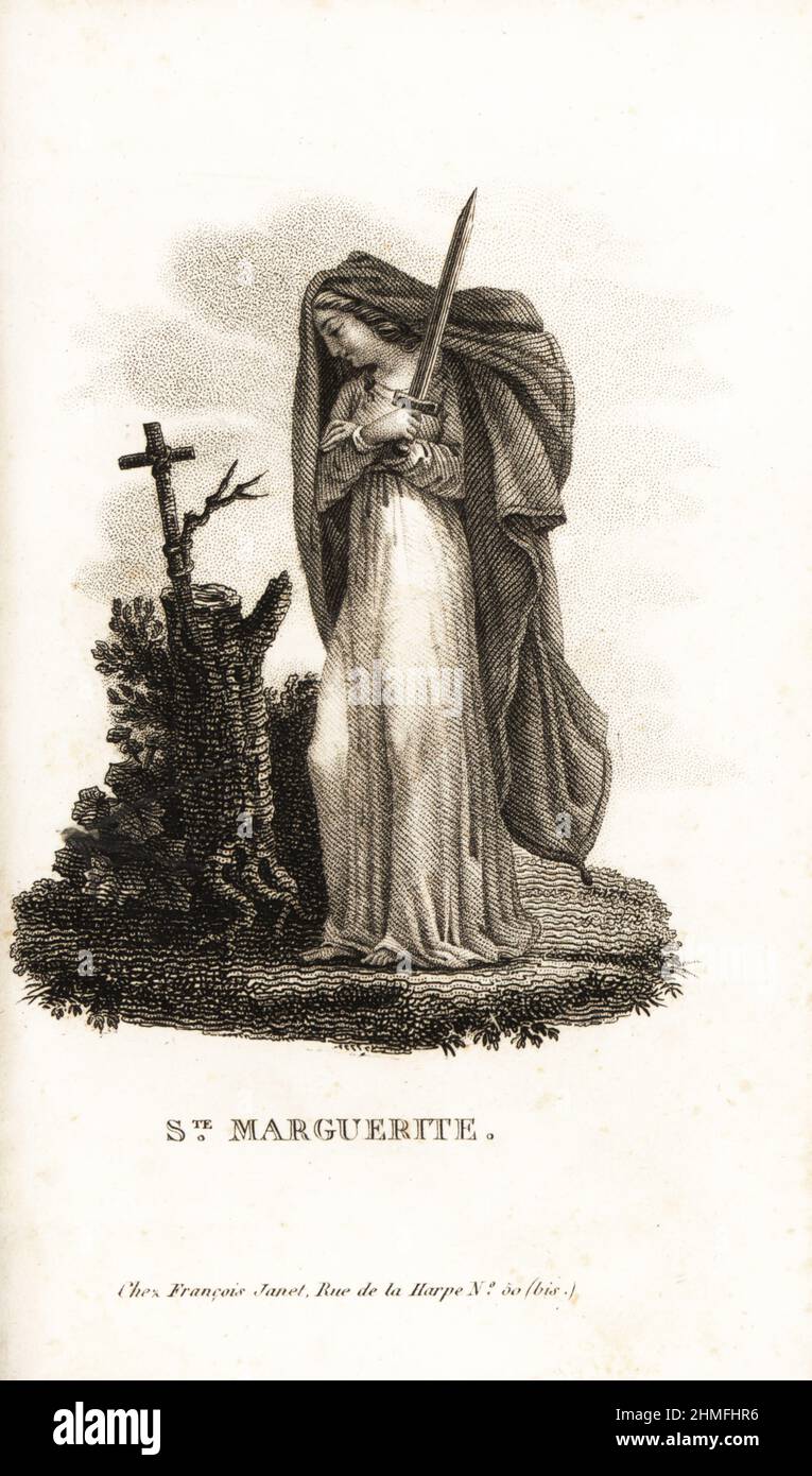 Heilige Margarete von Antiochien, Märtyrer 304. Sainte Marguerite, Tochter des heidnischen Priesters Aedesius, verlobt mit General Olybrius, gefoltert, überlebte, von Satan in Form eines Drachen gegessen und schließlich enthauptet zu werden. Kupferstich von Mr. M. E.’s Les Jeunes Martyres de la Foi Chretienne, Junge Märtyrer des christlichen Glaubens, Francois Janet, Paris, 1819. Stockfoto