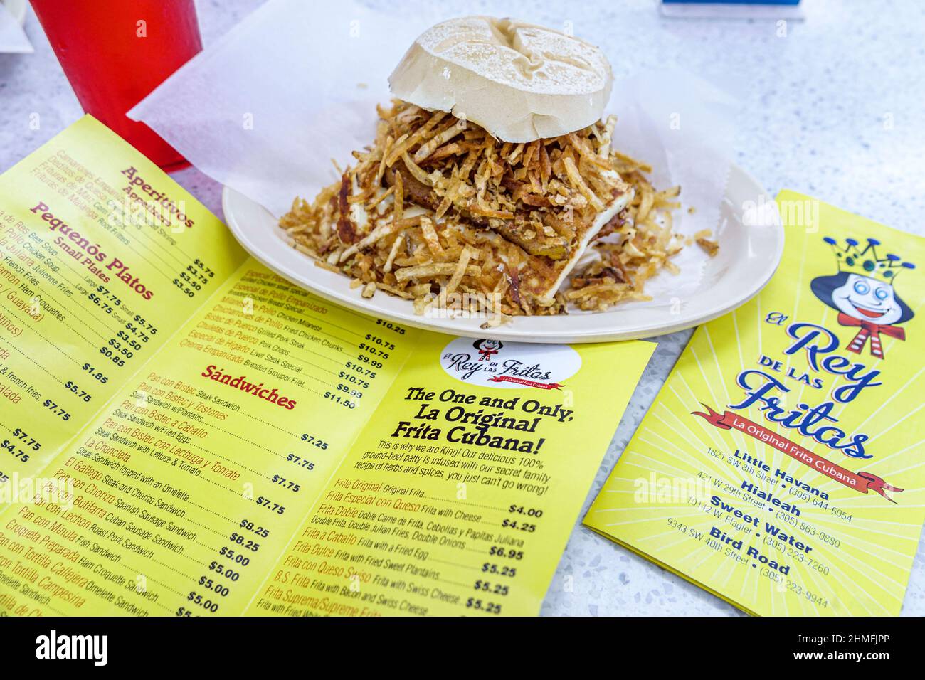 Miami Florida, Little Havana, El Rey de las Fritas, kubanisches Restaurant mit Frita-Hamburger-Menü Stockfoto