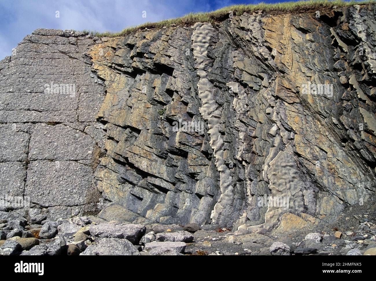 Geschichtete Kalksteine und Schiefer kippten bei 115 Grad, 500 Millionen Jahre alt, Green Point, Gros Morne National Park, Neufundland, Kanada. Stockfoto