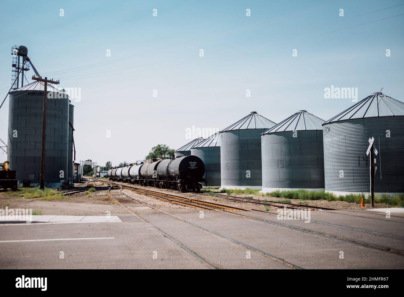 Zug am Getreidesilo für den Transport verladen Stockfoto
