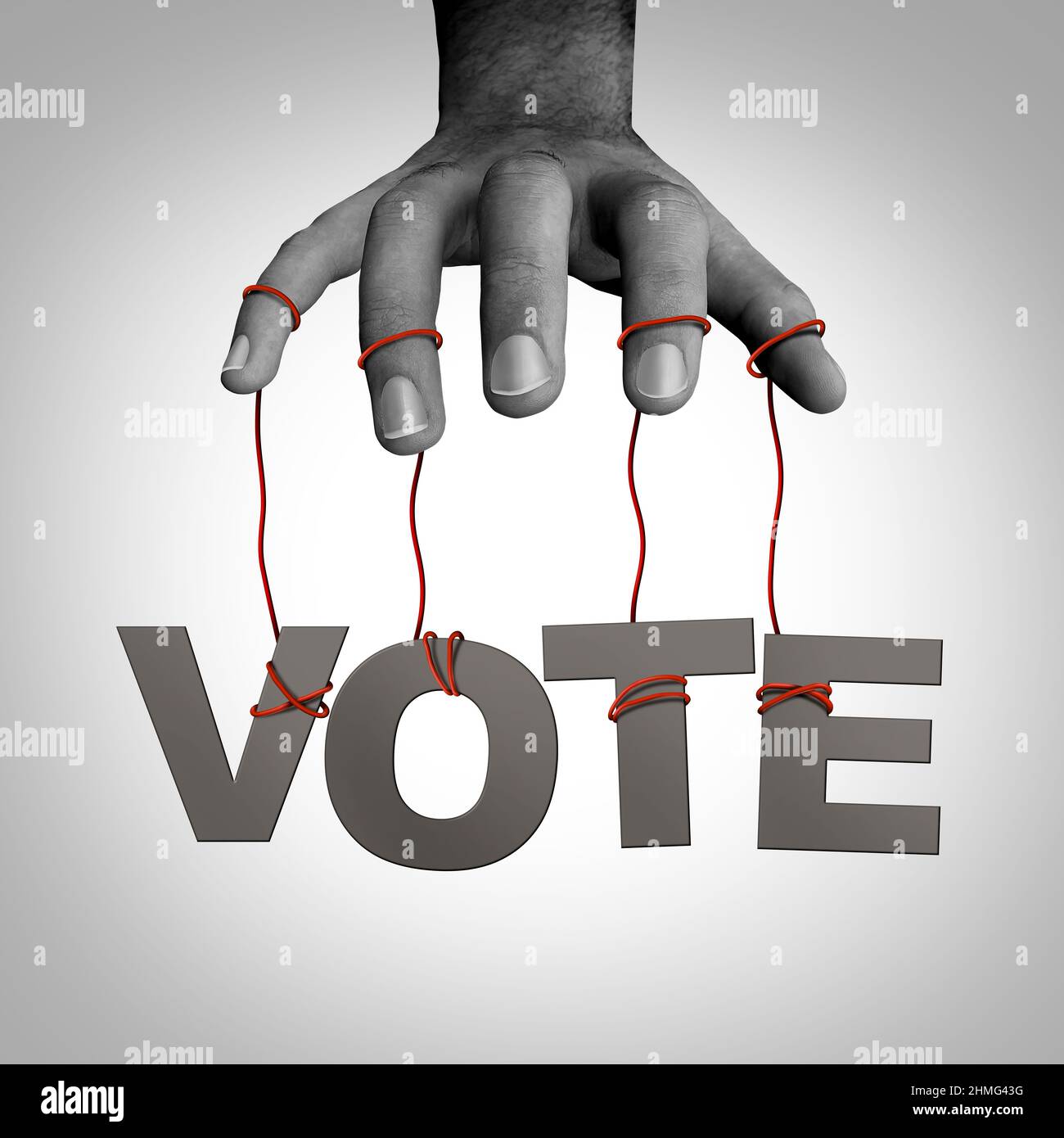 Wahlmanipulation und Wahlunterdrückung als Stimmen und Wahlbetrug oder Wahlmanipulation durch einen Marionettenmeister als geheime Hand zur Kontrolle. Stockfoto