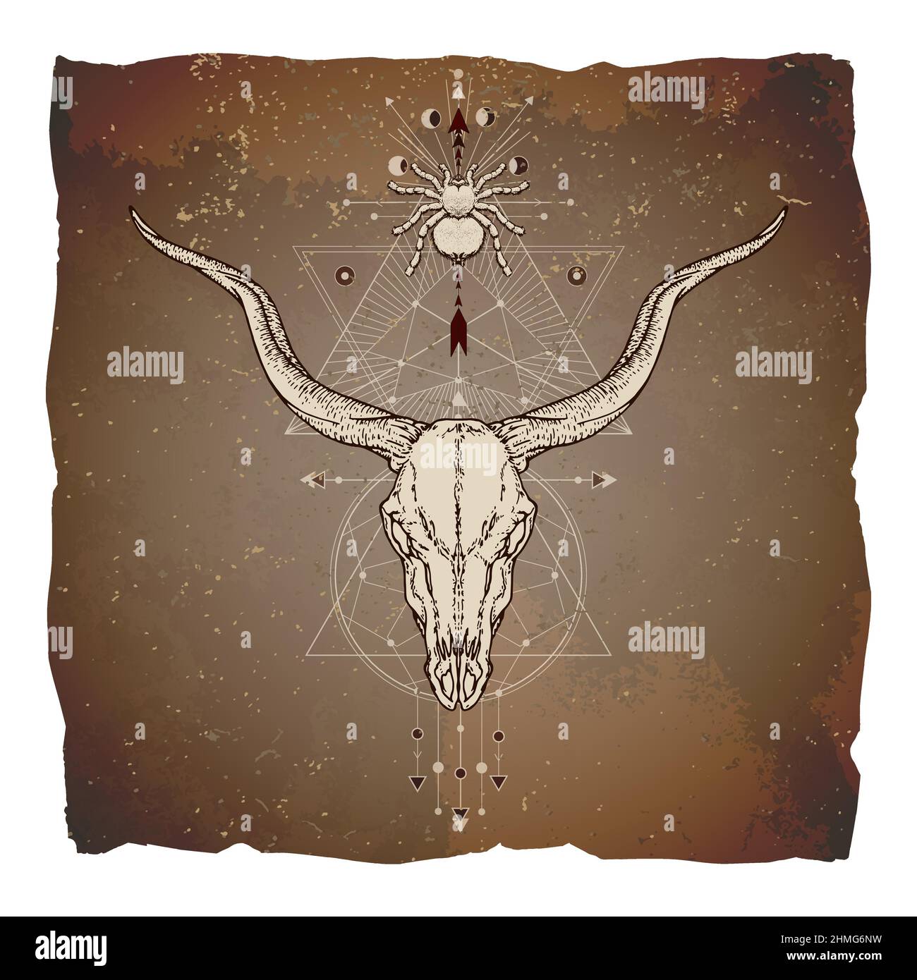 Vektor-Illustration mit handgezeichneter Antilopenschädel, Spinne und geometrisches Symbol auf Vintage-Papier Hintergrund mit abgerissenen Kanten. Abstrakt mystisch si Stock Vektor