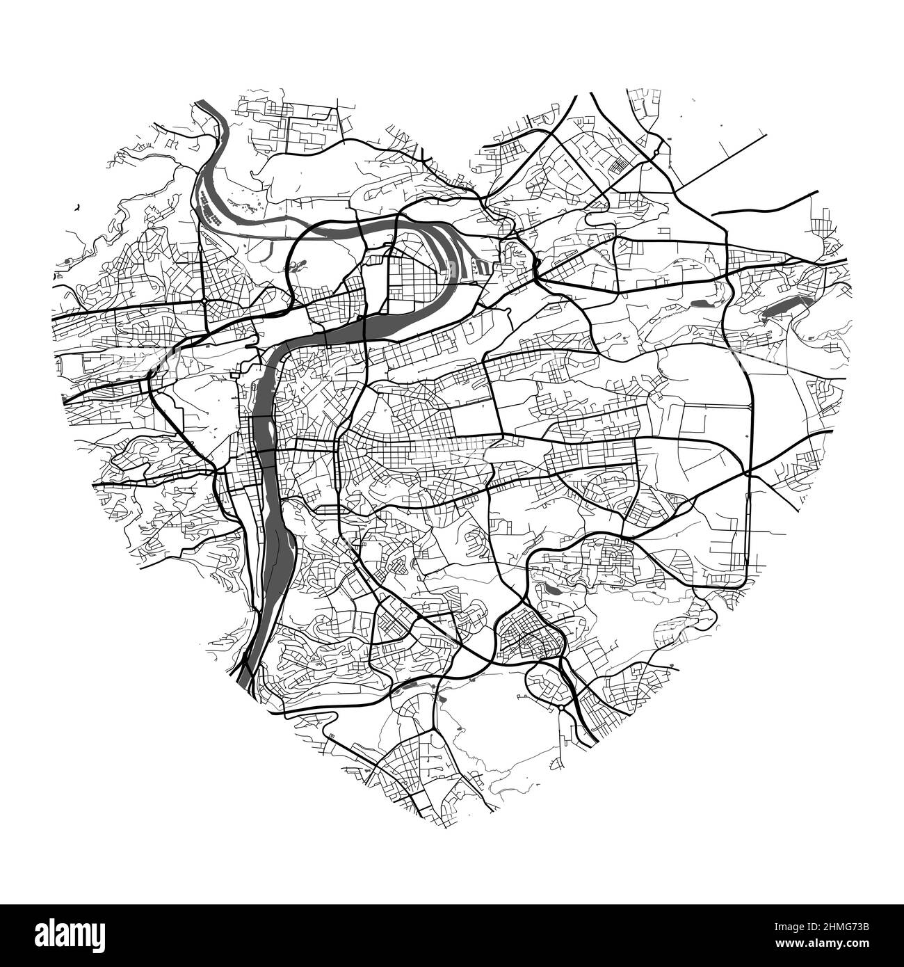 Vektorkarte der Stadt Prag in Herzform. Schwarz-weiße Farbdarstellung. Straßen, Straßen, Flüsse. Stock Vektor