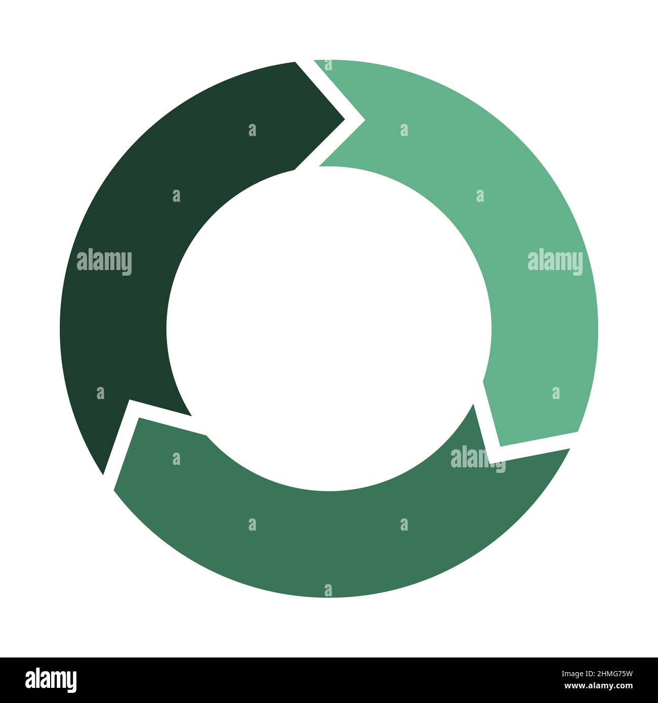 Kreis mit 3 Pfeilen erneuern und aktualisieren. Drei Elemente bilden ein kreisförmiges Symbol. Grüne Farbe Infografik Diagramm Vektor Illustration. Stock Vektor