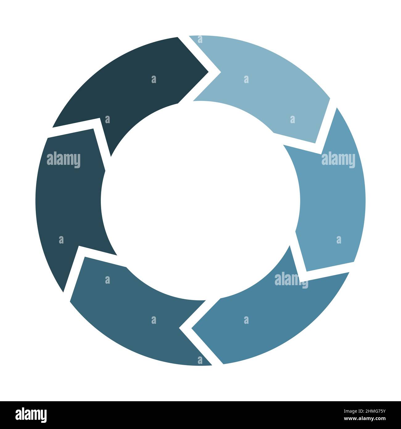 Kreis mit 6 Pfeilen erneuern und aktualisieren. Sechs Elemente bilden ein kreisförmiges Symbol. Blaue Farbe Infografik Diagramm Vektor Illustration. Stock Vektor