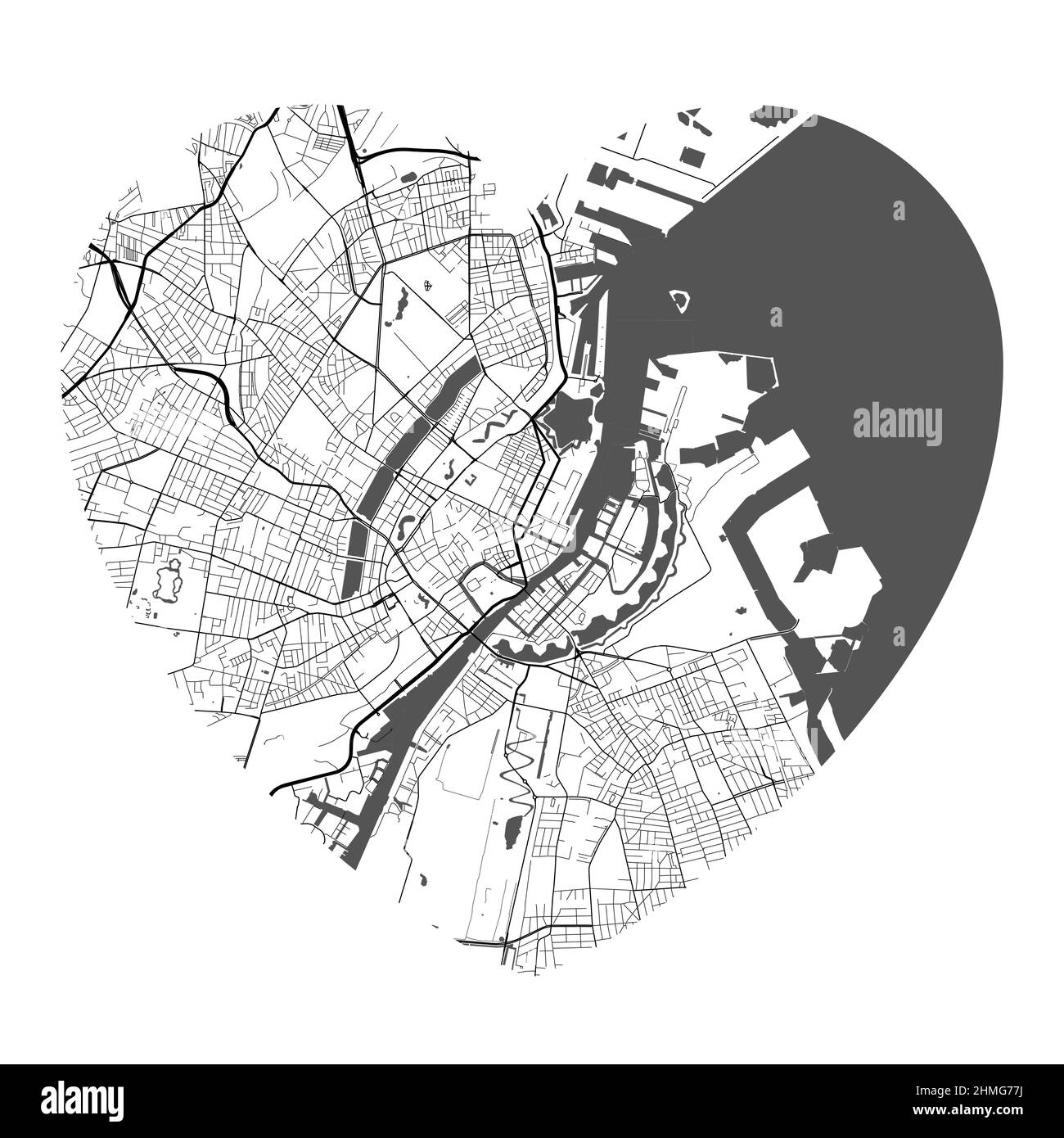 Vektorkarte der Stadt Kopenhagen in Herzform. Schwarz-weiße Farbdarstellung. Straßen, Straßen, Flüsse. Stock Vektor