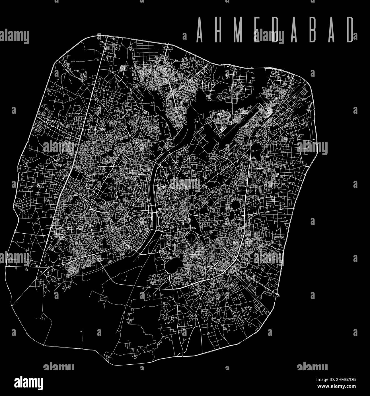 Ahmedabad Stadt Provinz Vektor Karte Poster. Indien Gemeinde quadratische lineare Straßenkarte, administrative Gemeindegebiet, weiße Linien auf schwarzem Hintergrund, Stock Vektor