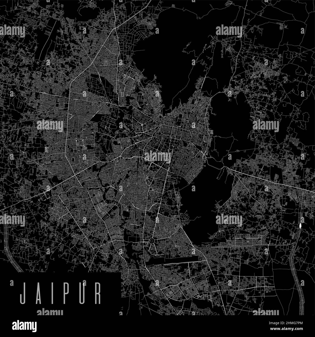 Jaipur Stadt Provinz Vektor Karte Poster. Indien Gemeinde quadratische lineare Straßenkarte, administrative Gemeindegebiet, weiße Linien auf schwarzem Hintergrund, wit Stock Vektor