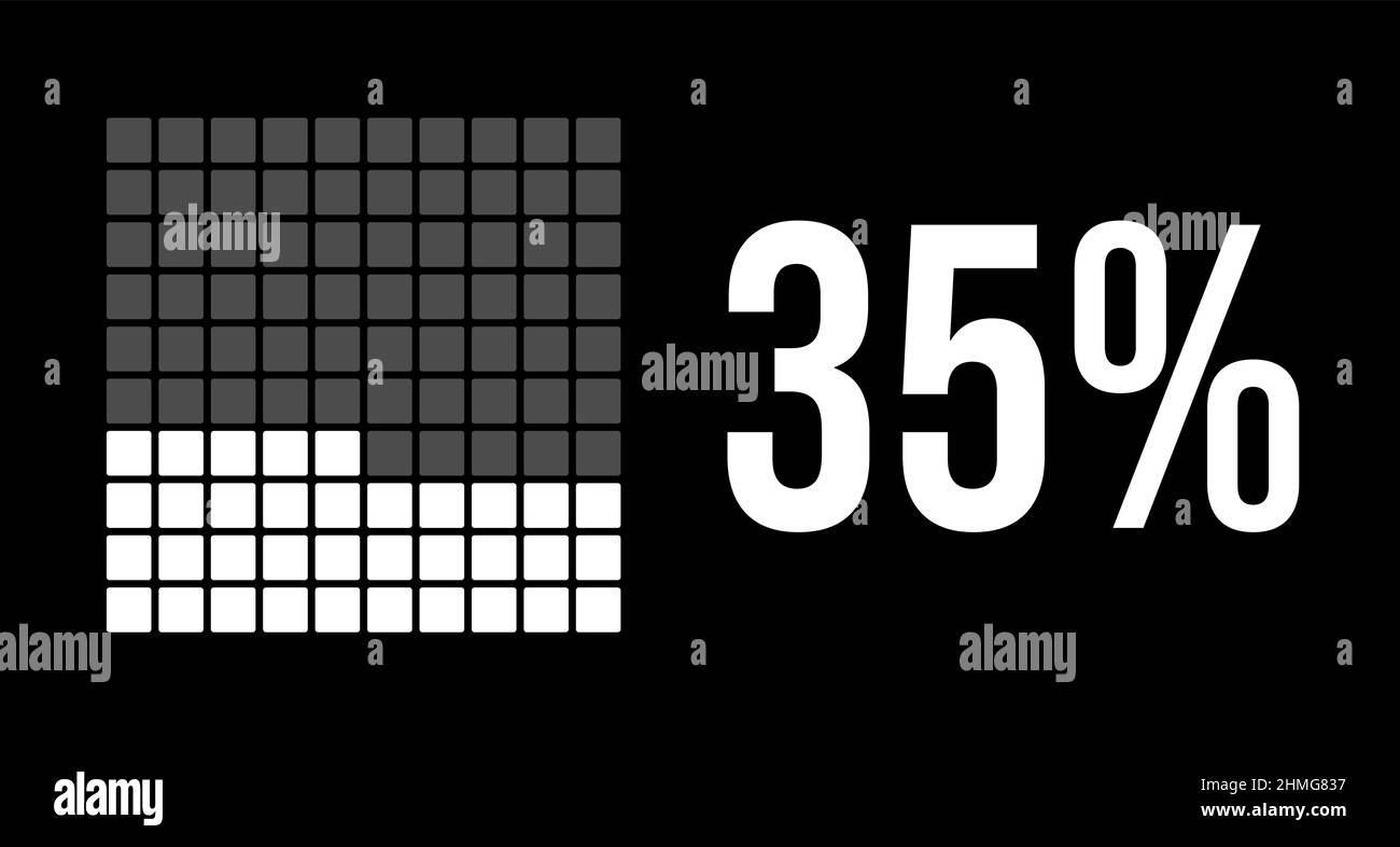 35-Prozent-Diagramm, 35-Prozent-Vektor-Infografik. Abgerundete Rechtecke bilden ein quadratisches Diagramm. Weiße Farbe auf schwarzem Hintergrund. Stock Vektor