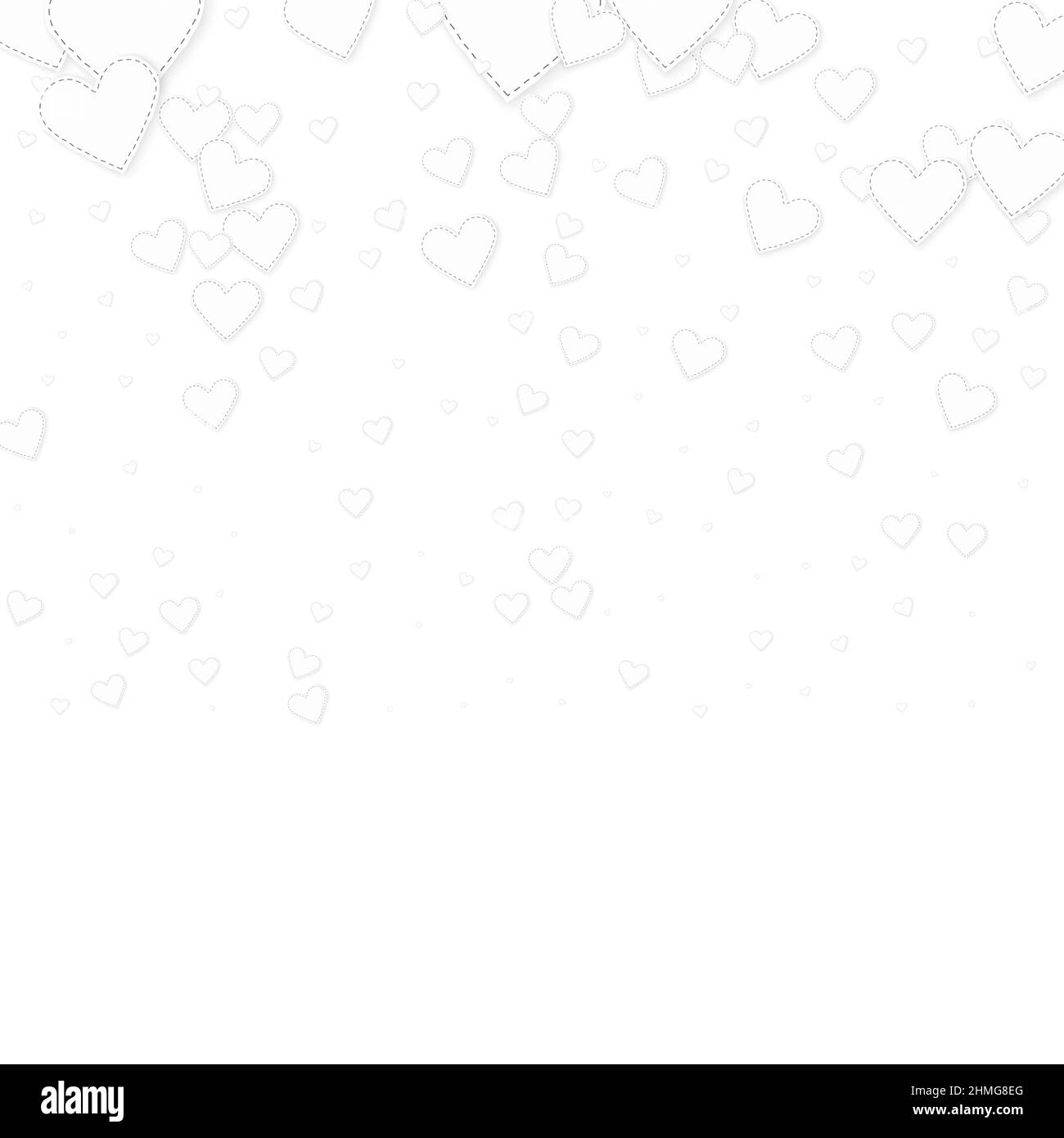 Weißes Herz liebt Konfettis. Valentinstag Verlauf schönen Hintergrund. Fallende genähte Papier Herzen Konfetti auf weißem Hintergrund. Energetischer Vektor Stock Vektor