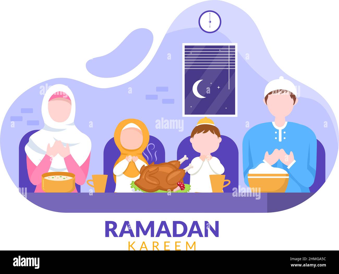 Ramadan Kareem mit Breaking the Fast, Iftar oder Sahur im flachen Hintergrund Vektor-Illustration für religiöse Feiertage Islamische Eid Fitr und Adha Festival Stock Vektor