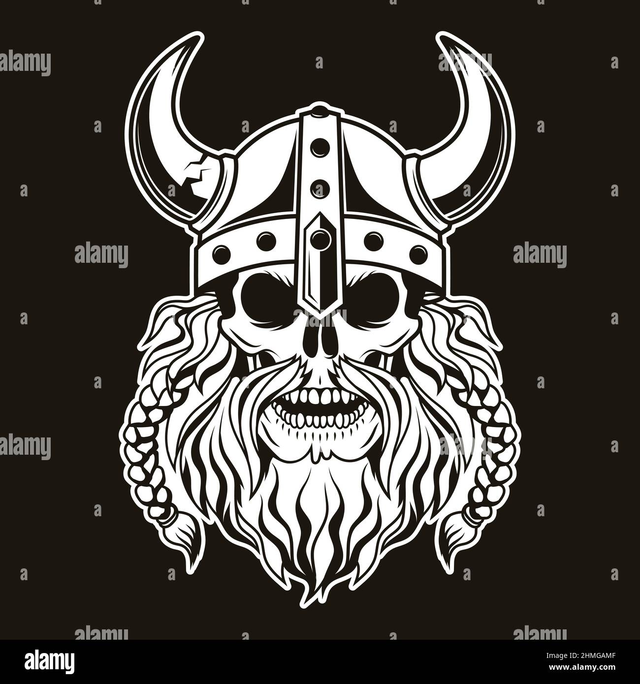 Wikinger Krieger Schädel mit gehörnten Helm. Vektorgrafik. Stock Vektor