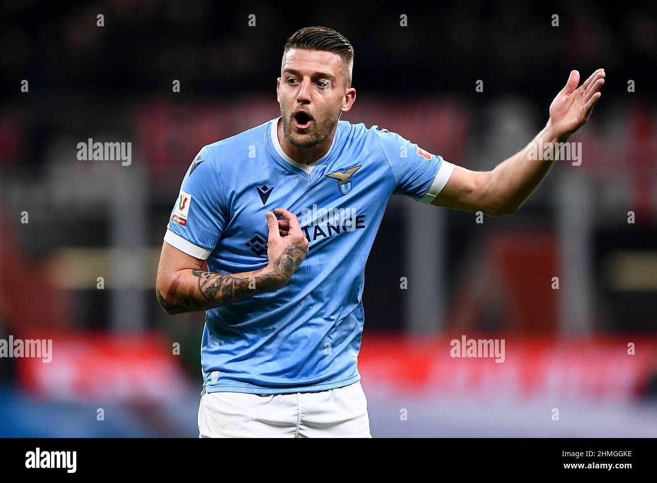 Mailand, Italien. 09. Februar 2022. Sergej Milinkovic-Savic von der SS Lazio reagiert während des Fußballspiels Coppa Italia zwischen dem AC Mailand und der SS Lazio. Kredit: Nicolò Campo/Alamy Live Nachrichten Stockfoto