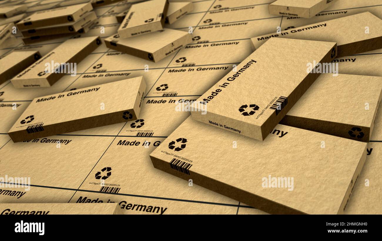 Made in Germany Box Produktionslinie. Fertigung und Lieferung. Produktfabrik, Import und Export. Abstract Concept 3D Rendering Illustration. Stockfoto