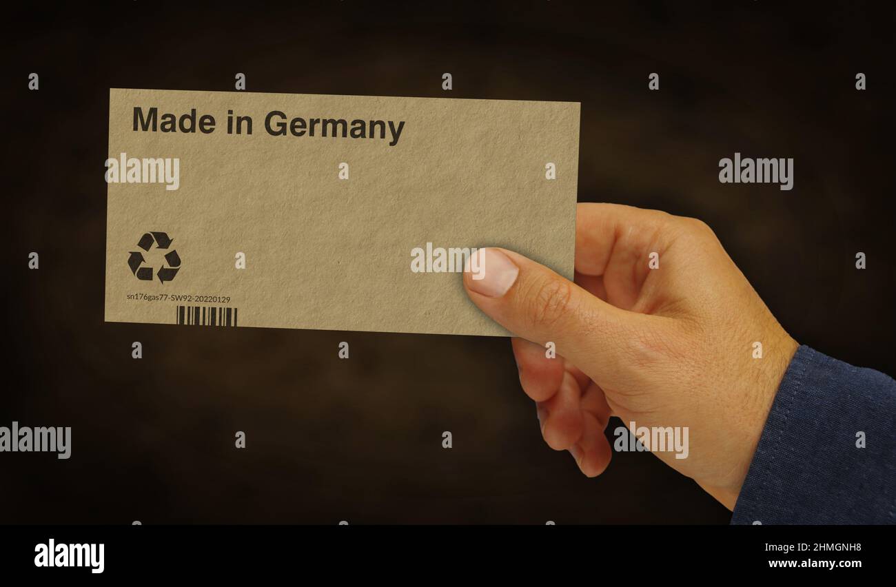 Made in Germany Box Produktionslinie. Fertigung und Lieferung. Produktfabrik, Import und Export. Abstract Concept 3D Rendering Illustration. Stockfoto