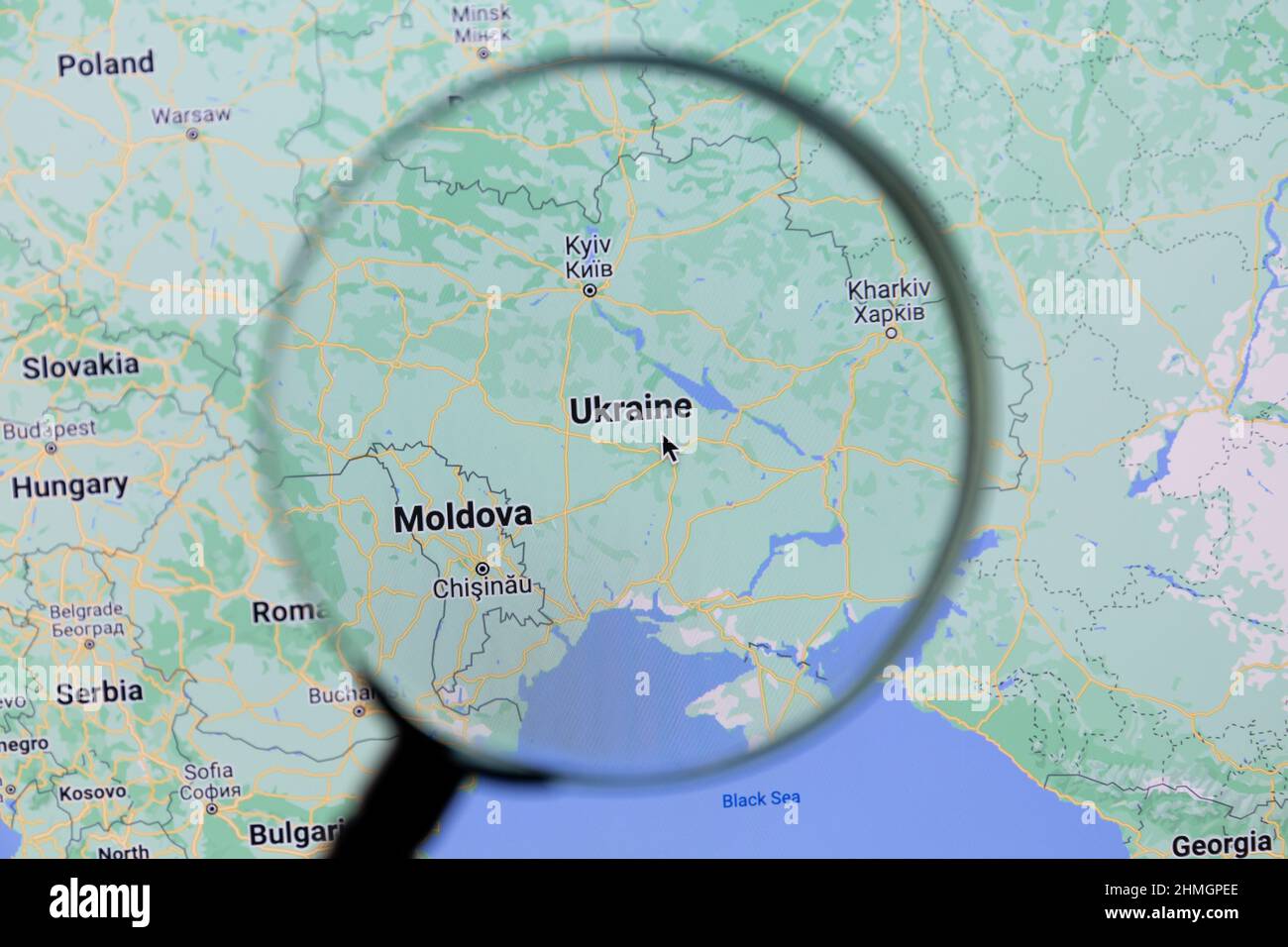 Ostersund, Schweden - 23. Jan 2022: Ukraine auf Google Maps. Die Ukraine ist ein Land in Osteuropa.. Stockfoto