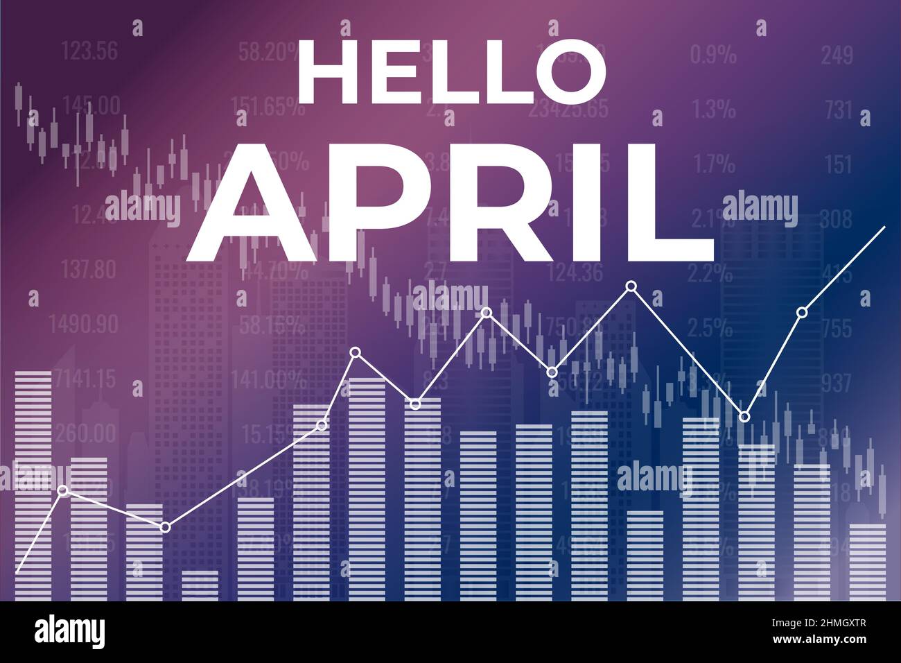 Text Hallo April zum magentafarbenen und blauen Finanzhintergrund. Investitionskonzept Stock Vektor