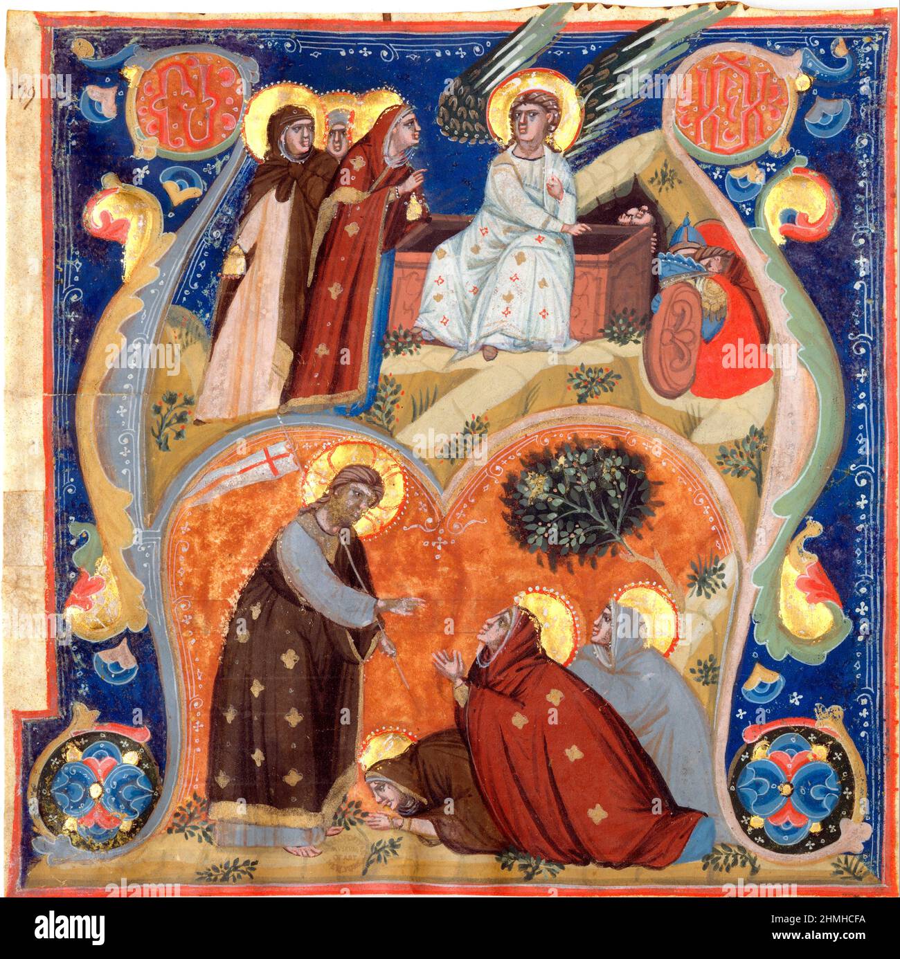 Manuskriptbeleuchtung mit Szenen von Ostern in einer Initiale A , aus einem Antiphonar - Nerius 1320 Stockfoto