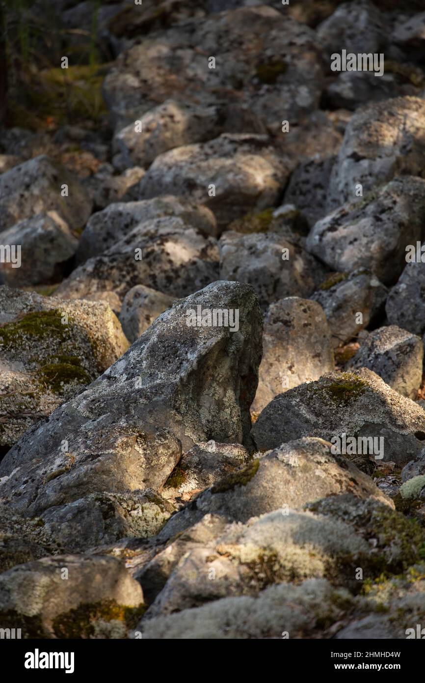 Felsiger Boden, große graue Felsen am See, Finnland Stockfoto