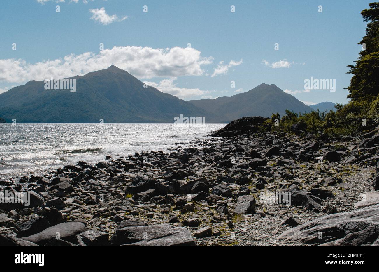 Huechulafquen See, Ufer unter den Bergen in den patagonischen Anden, Argentinien. Stockfoto