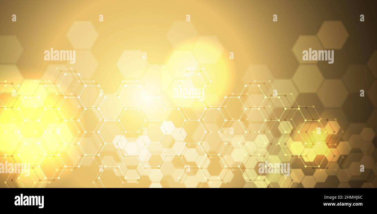 EPS 10 Vektor abstrakte Wissenschaft und futuristische hexagonal Technologie Konzept Hintergrund. Digitales Bild mit goldenen Lichteffekten und verwischt über dunklerem b Stock Vektor