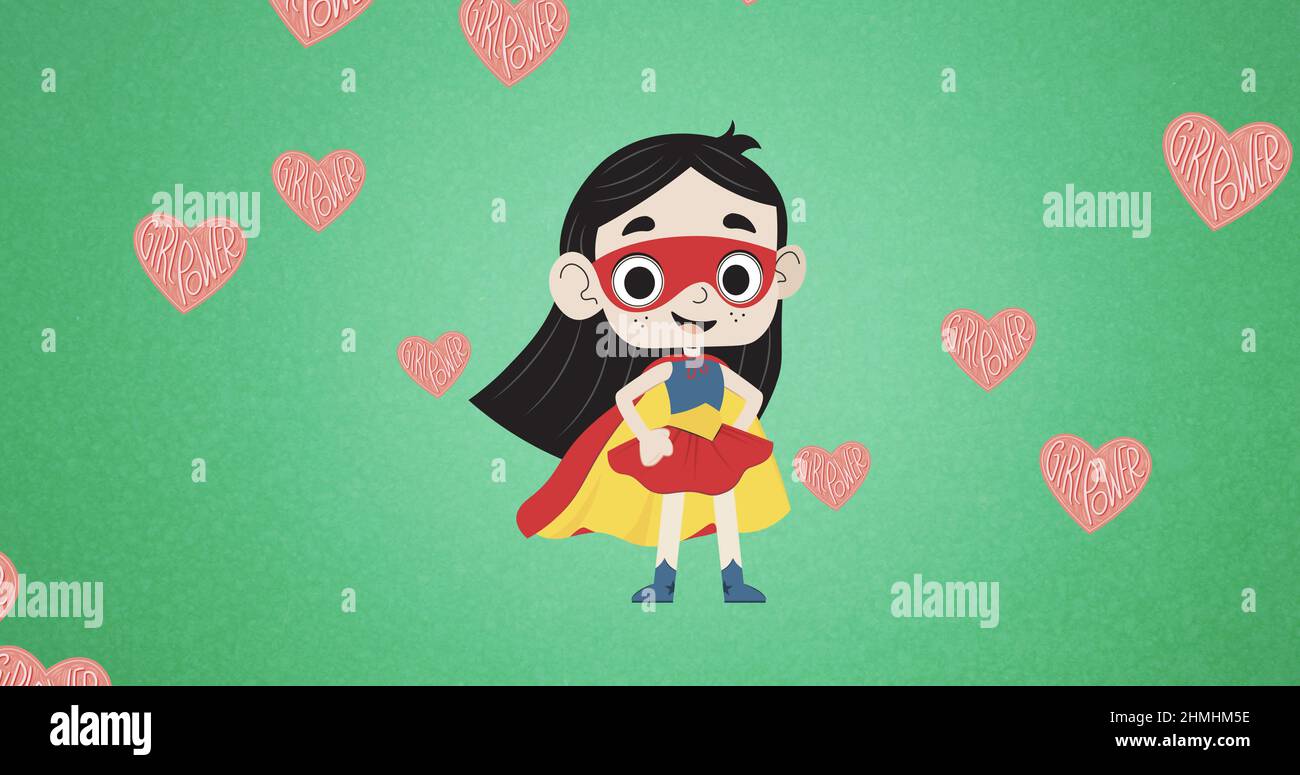 Bild von Superhelden Mädchen, über fliegenden Herzen Stockfoto