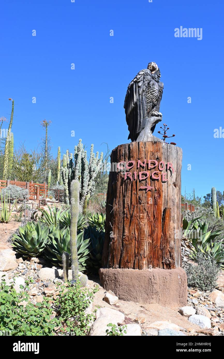 ESCONDIDO, KALIFORNIEN - 9. FEB 2022: Schild markiert den Weg zum Condor Ridge im San Diego Zoo Safari Park. Stockfoto