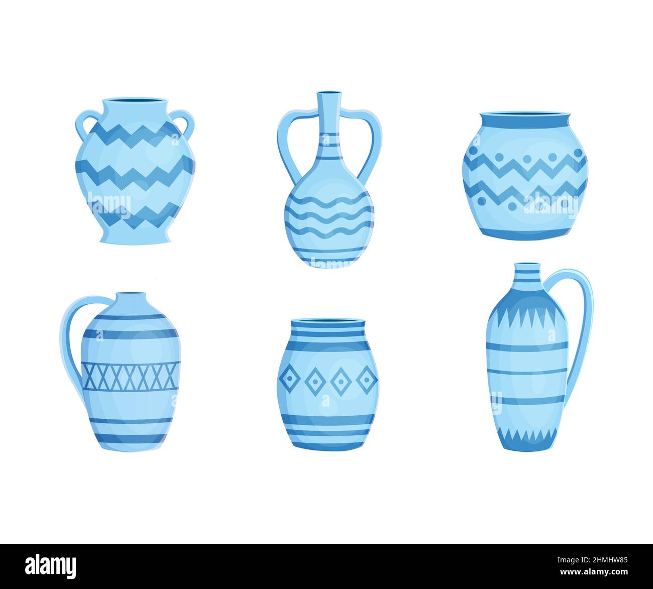 Set mit verschiedenen blauen Steingut Keramik mit Ornament Vektor Stock Vektor