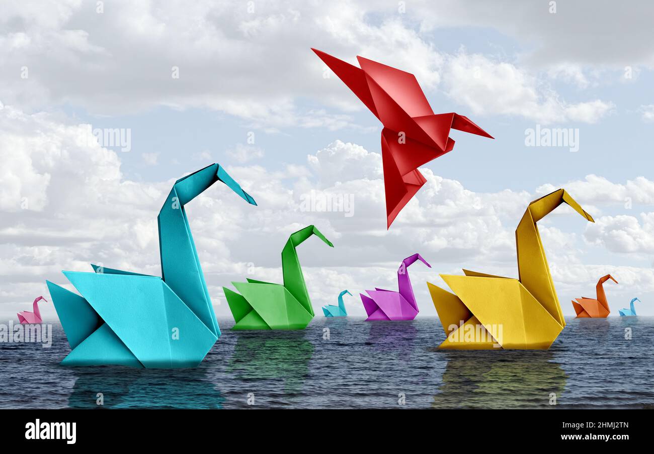 Ändern Sie Ihr Lebenskonzept und furchtlosen Mut Symbol als verschiedene Origami Schwäne schweben auf dem Wasser mit einem selbstbewussten Vogel aufstehen und wegfliegen. Stockfoto