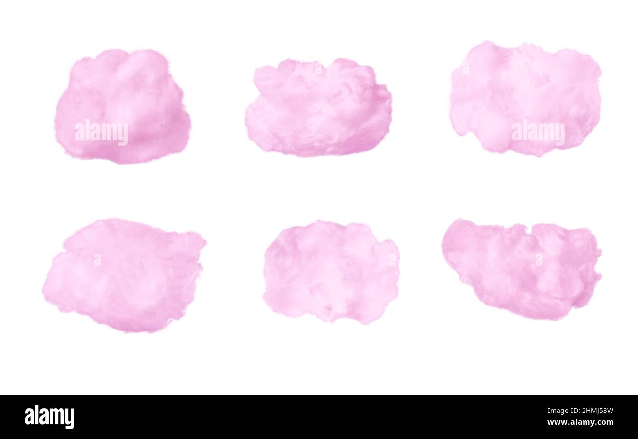 Baumwollwolken liegen isoliert auf weißem Hintergrund. Rosafarbene Wolken. Wetter- und Prognosekonzept. Hochwertige Fotos Stockfoto
